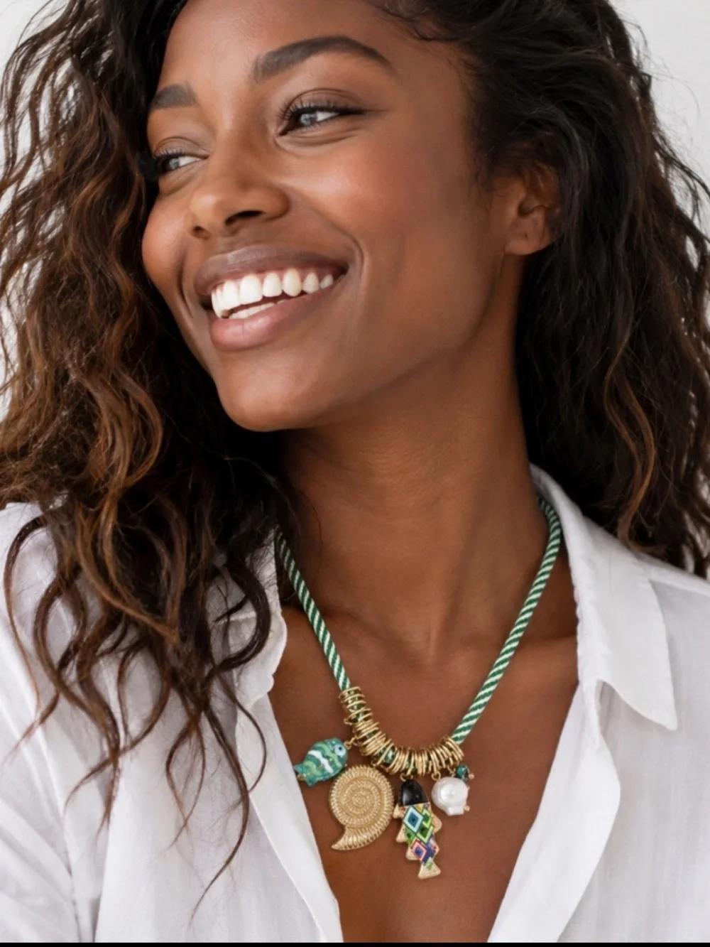 Green Rope Necklace with Gold Charms and Enamel Fish